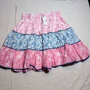 Simply Southern Pink Blue Floral Tiered Skirt Ric Rac Trim Small NEW